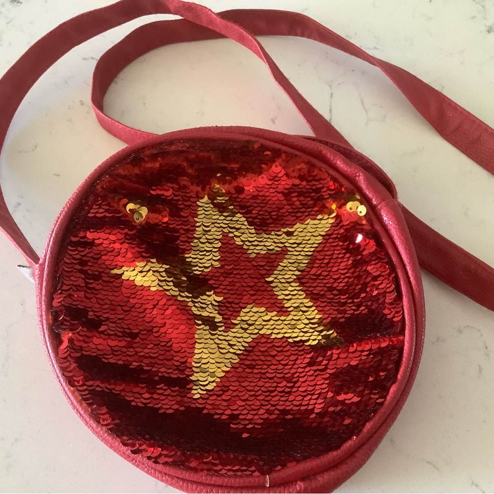 American girl red leather with sequin star crossbody bag purse zipper around